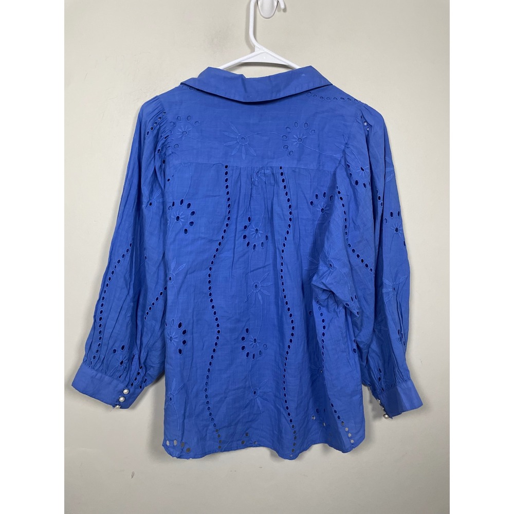 Anthropologie Forever That Girl Blue Puff Sleeve Cotton Eyelet Button Down - Picture 7 of 10